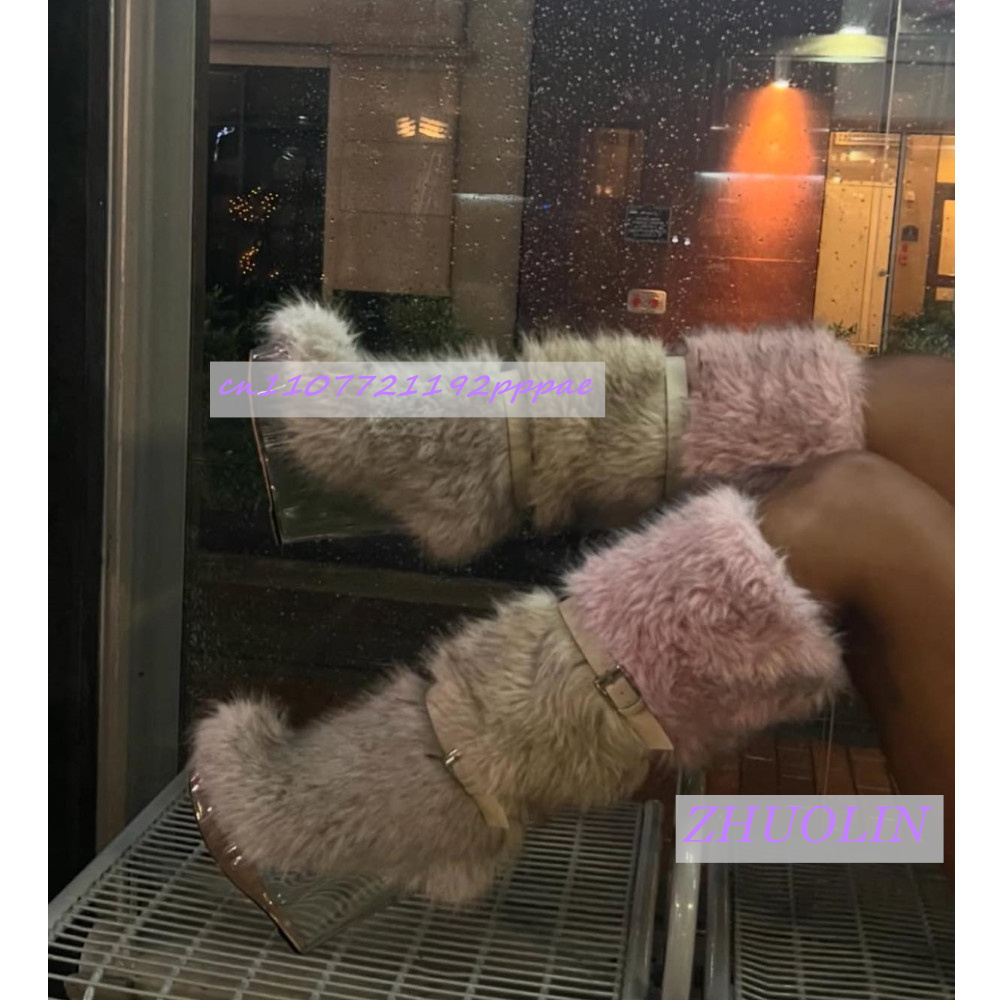 Street Fashion Runway - Winter Gradient Furry Transparent Wedge Boots