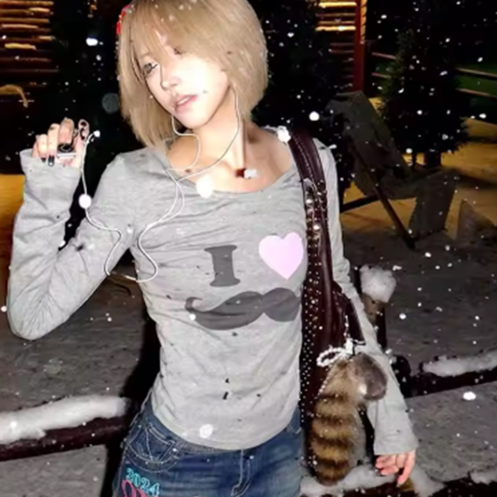 Street Fashion In Korea - Japanese Y2K Beard Print T-Shirt Vintage