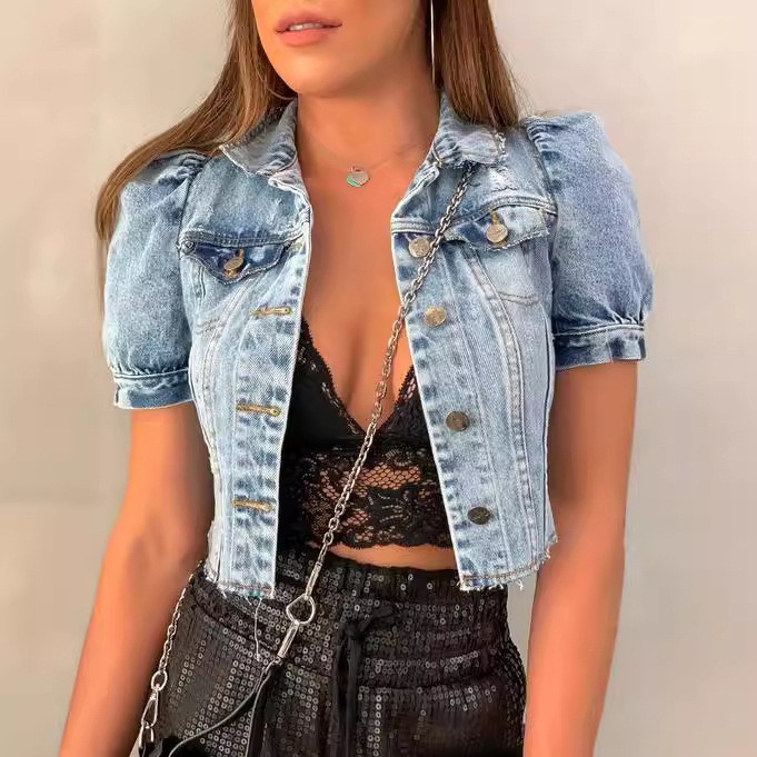Women Denim Jacket Crop Light  - Distressed Jean Rip ulasan dan harga
