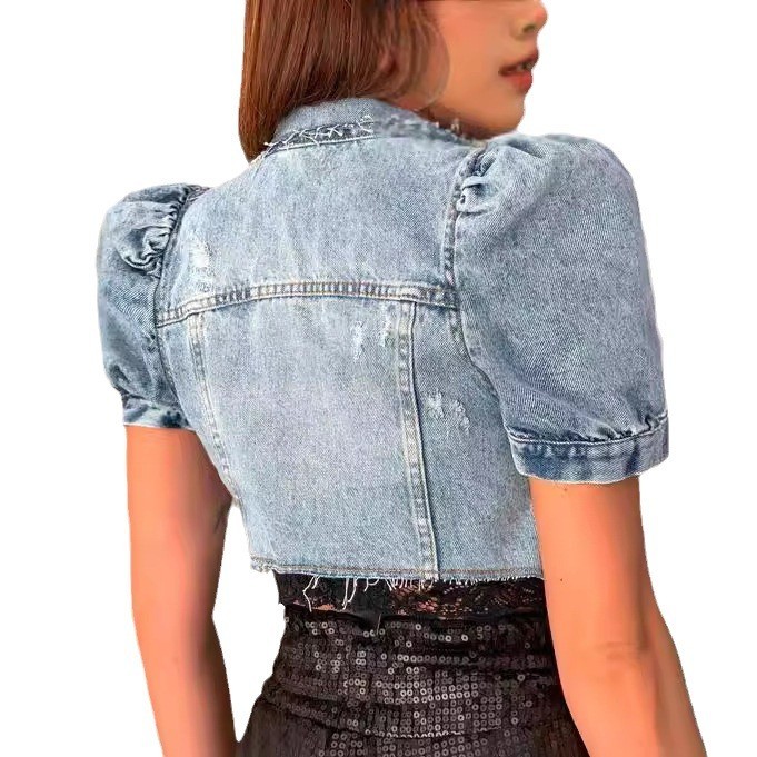 Women Denim Jacket Crop Light  - Distressed Jean Rip ulasan dan harga