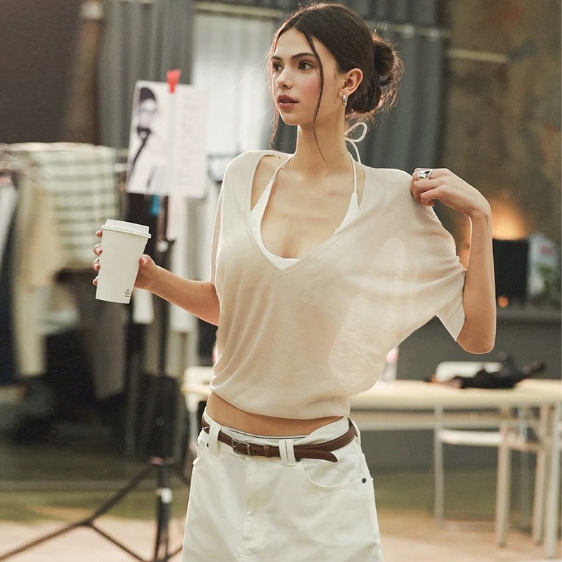 Pink Blouse Loose Fit V Neck S - Fashion Streetwear ulasan dan harga