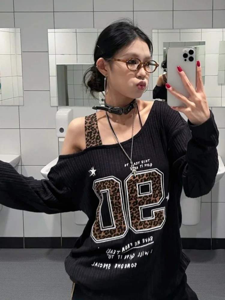 Y2K Patchwork Leopard Print T- - Fashion Streetwear ulasan dan harga