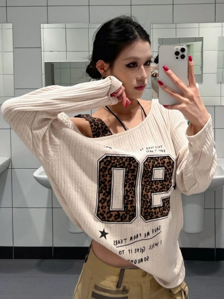 Y2K Patchwork Leopard Print T- - Fashion Streetwear ulasan dan harga