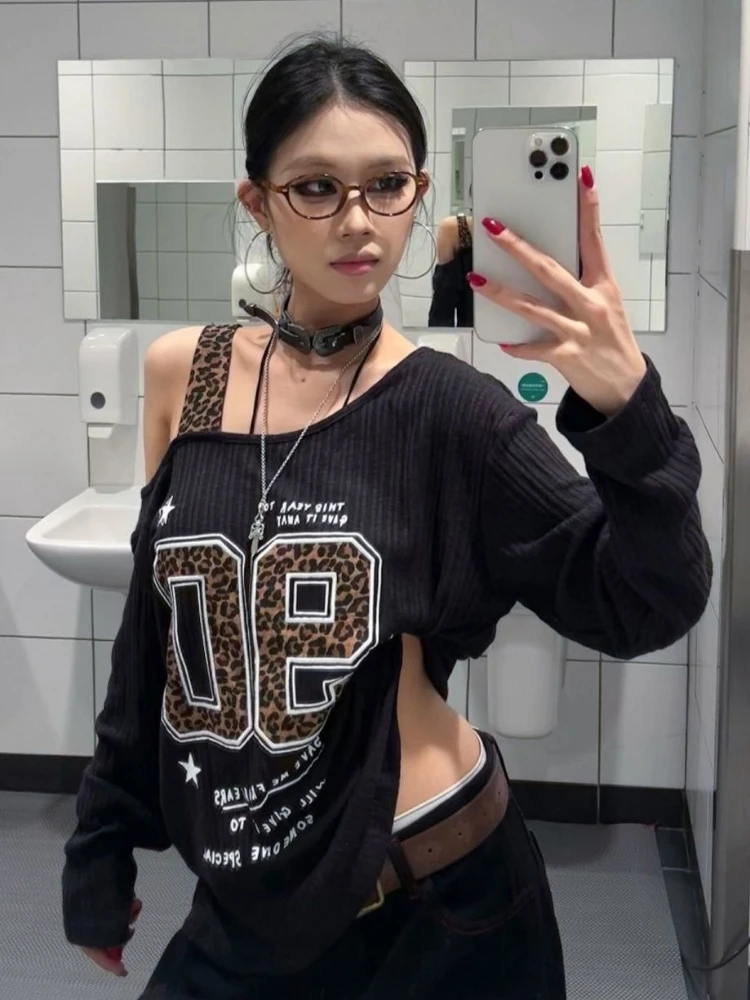 Y2K Patchwork Leopard Print T- - Fashion Streetwear ulasan dan harga