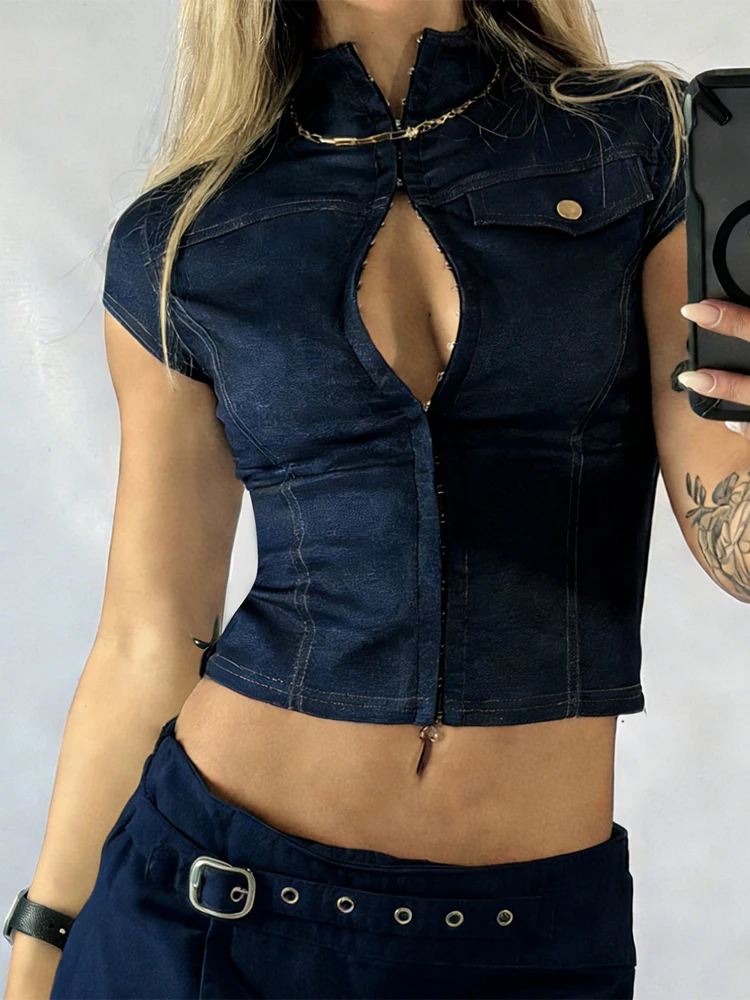 Women Fashion Dark Blue Zip Up - Street Fashion Com ulasan dan harga