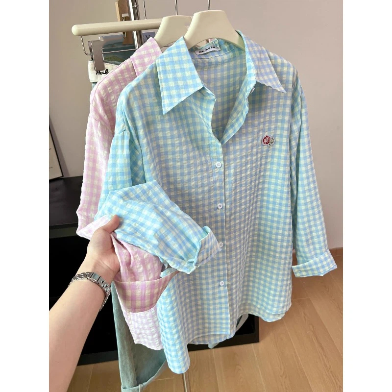 Embroidery Flower Plaid Design - Street Fashion In Korea ulasan dan harga