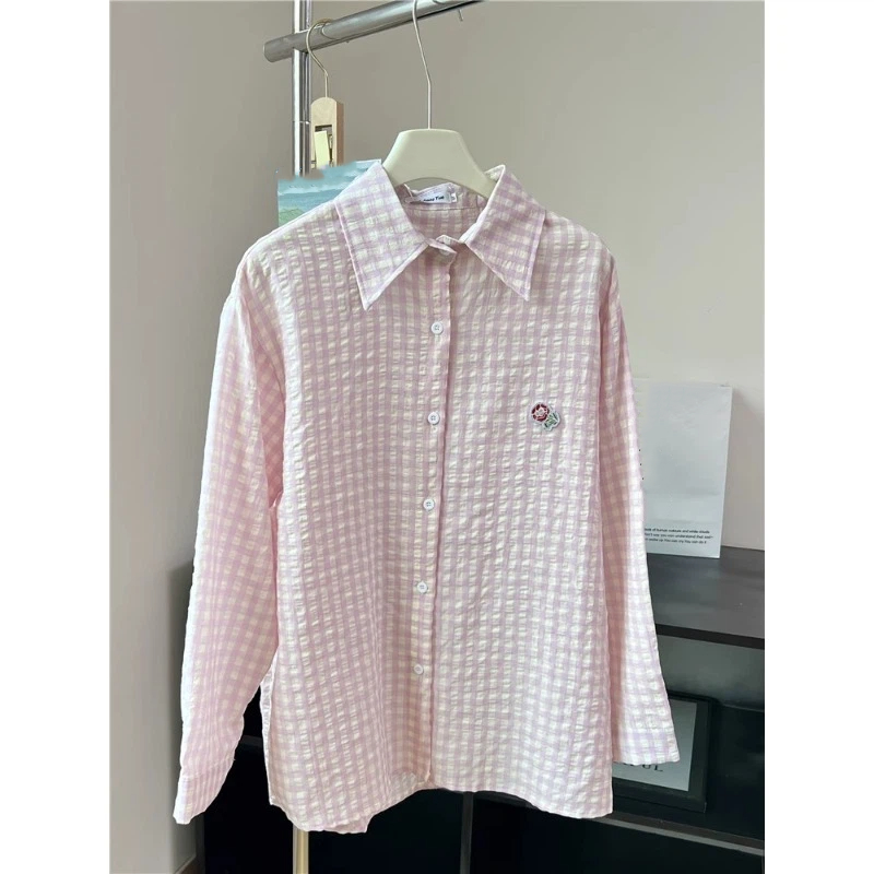 Embroidery Flower Plaid Design - Street Fashion In Korea ulasan dan harga