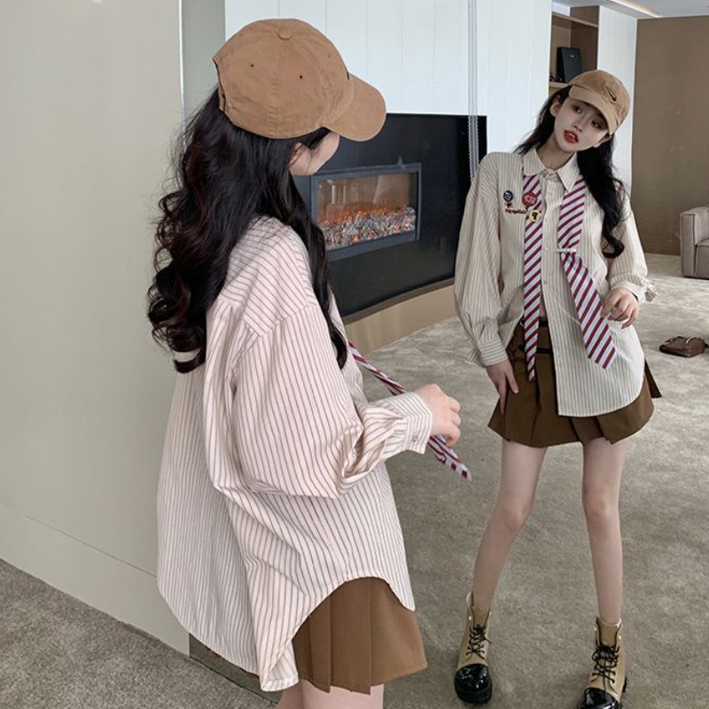 Striped Shirts Women Baggy Pre - Street Fashion Youth ulasan dan harga