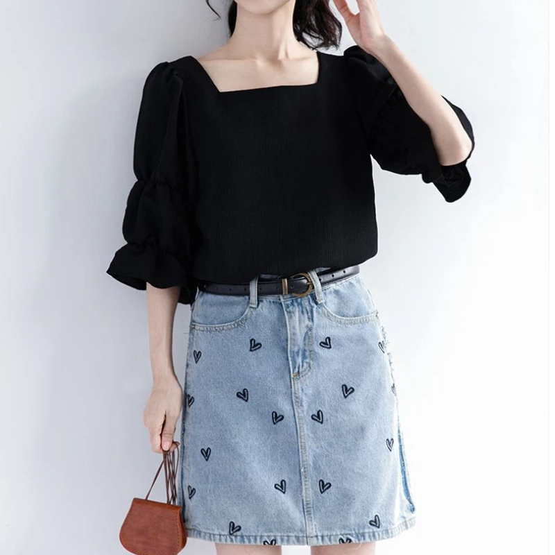 Pleated Short Sleeve Solid Kor - Street Fashion Youth ulasan dan harga